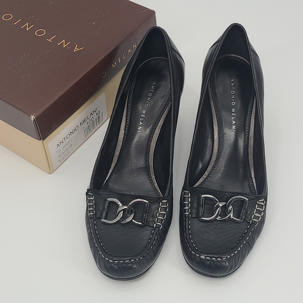 Antonio Melani Black Loafer-style Quinn Leather Wedge Heels